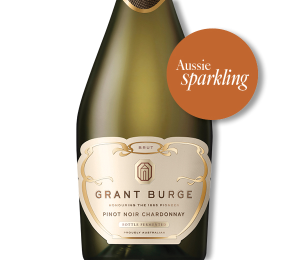Sparkle with <b> Grant Burge</b> Bottle of Croser Non Vintage wine and the text ‘Aussie Sparkling’ in an orange circle.