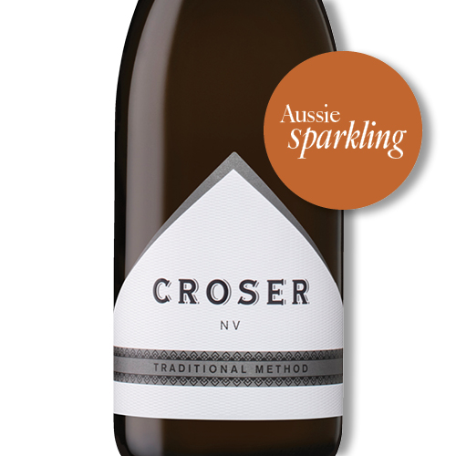 Sparkle with <b> Croser N.V.</b> Bottle of Croser Non Vintage wine and the text ‘Aussie Sparkling’ in an orange circle.